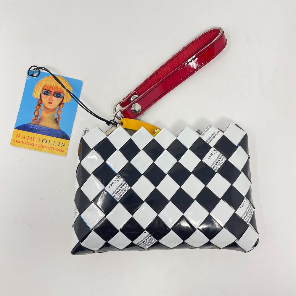 Nahui Ollin Clutch Wristlet Candy Wrappers Recycled Black White Red 5 1/2"